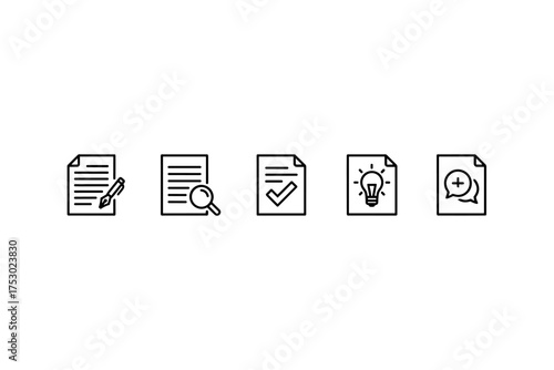 Document workflow icon set for business. Icons for writing, editing, content creation, research, proofreading. Includes idea, brainstorming, checklist, approval, and feedback.