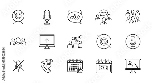 Video conference and online meeting line icon set. Webinar, communication, presentation, webcam, microphone, calendar, mute, share screen. Business communication vector symbols.