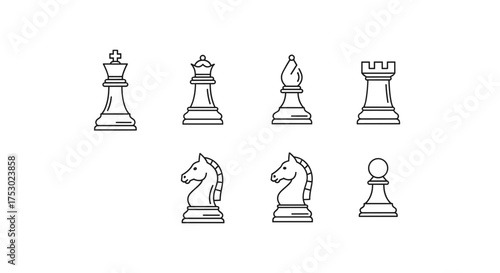 Set of chess pieces vector line icons. Black and white illustration of king, queen, rook, knight, bishop, pawn. Minimalist graphic for strategy, business, game, logic.