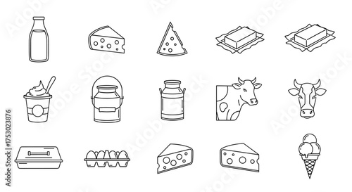 Dairy products line icon set. Farm food collection. Milk, cheese, butter, eggs, yogurt, ice cream, cow head. Fresh organic meal. Outline vector graphic illustration.