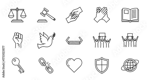 Human rights and justice icon set. Law, freedom, and equality symbols. Peace dove, protest fist, broken chain, scales of justice. Social issues, activism, unity concept.