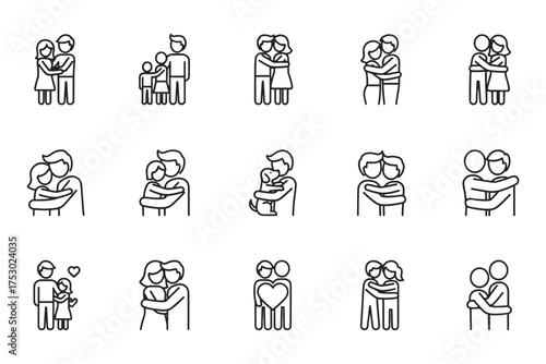 Hugging people vector icon set. Line art illustrations of couples, family, friends, and pet owner. Concepts of love, relationship, support, care, affection, and connection.