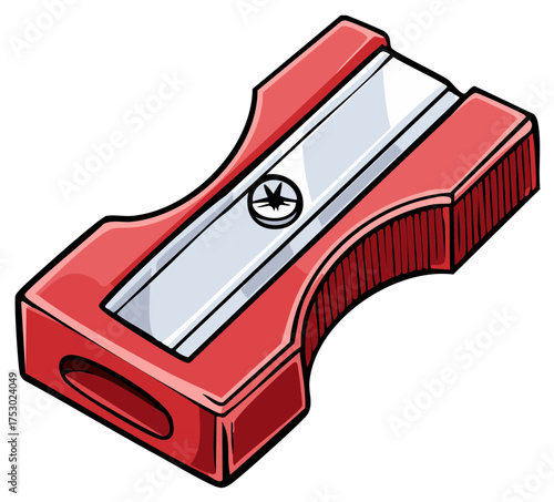 Classic Red Pencil Sharpener with Silver Blade and Metal Screw, Isolated