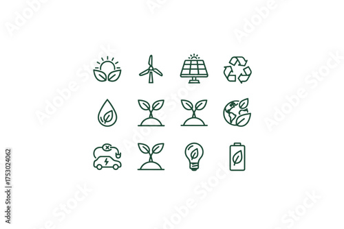 Ecology line icon set. Green energy, sustainability, environment concept. Renewable power symbols like solar panel, wind turbine, recycling, water, plant, electric car.
