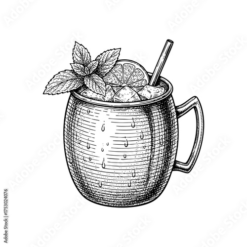 Moscow Mule Copper Mug Cocktail Engraving Vector Illustration