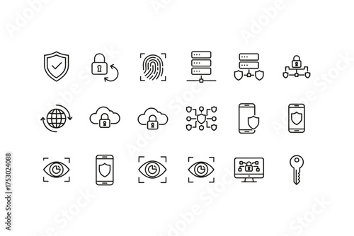 Cybersecurity line icon set. Data protection and internet privacy symbols. Network security, cloud server, fingerprint, biometric authentication, and encryption concepts.