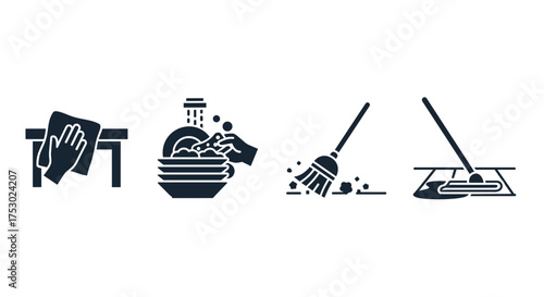 Cleaning icons set. Housekeeping, hygiene, sanitation concept. Wiping surface, dish washing, sweeping dust, mopping floor. Domestic chores vector graphic symbols collection.