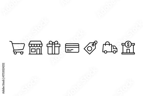 Shopping and e-commerce icon set. Thin line vector symbols for online store and retail business. Includes cart, gift, credit card, delivery truck, price tag, and bank icons.