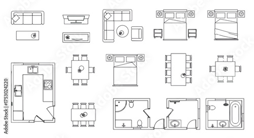 Furniture and interior layout top view icon set. Architectural floor plan elements for home design. Living room, bedroom, kitchen, and bathroom vector line art collection.