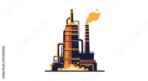 Industrial factory vector illustration with chimney smoke, chemical plant, refinery production facility, industrial manufacturing process, heavy industry and factory pipes