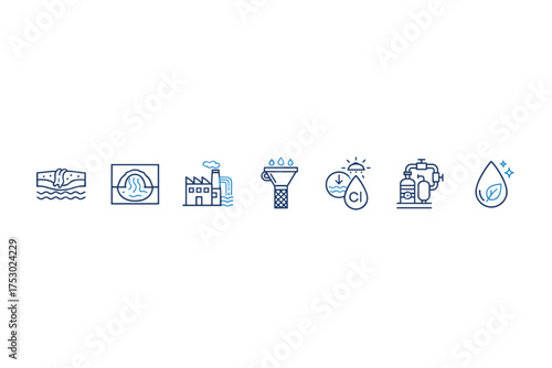 Water purification process icon set. Wastewater treatment, filtration, and disinfection. Industrial pollution, chemical filtering, and chlorination for clean, pure eco water.