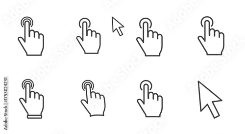 Cursor pointer hand click icon set, touchscreen tap user interface symbols, technology interaction buttons, digital device selection and navigation vector