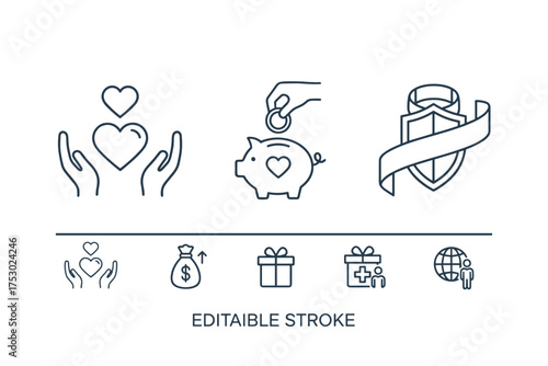 Charity and donation icons set. Hands holding heart, piggy bank with heart saving money, protective shield with ribbon, gift box, healthcare gift, global community support, editable stroke.