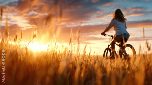 A serene bicycle rider silhouetted against a breathtaking sunset, capturing the essence of freedom and adventure amidst golden fields filled with wild grass swaying gently in the wind.