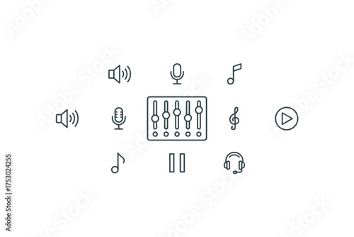Music and audio line icon set with equalizer, microphone, and play button. Vector symbols for sound recording, mixing, and player interface. Editable stroke graphic elements.