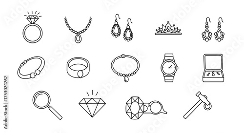 Jewelry and goldsmith line icon set. Vector collection of outline icons for jeweler. Diamond, ring, necklace, earrings, watch, tiara. Gemology tools and luxury accessories.
