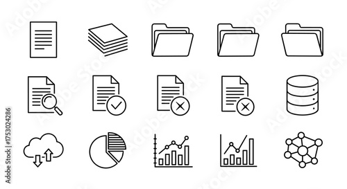 Set of minimalistic black line icons for document, file, folder, database, cloud storage, analytics chart, and network data representation for business and technology concepts