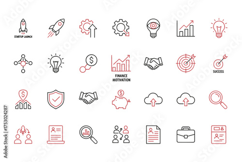 Business startup icons set with launch rocket, finance motivation graphs, handshake deals, success target, piggy bank savings, cloud upload, user profiles, and magnifying glass concepts vector