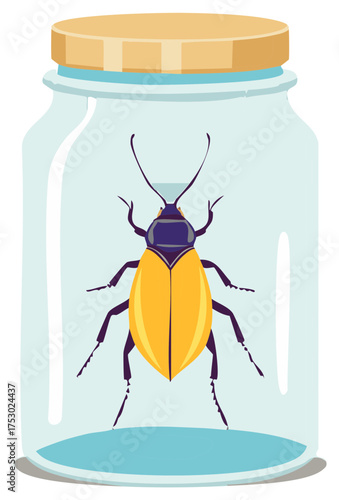 Vibrant yellow and blue beetle insect contained within a lidded glass jar illustration