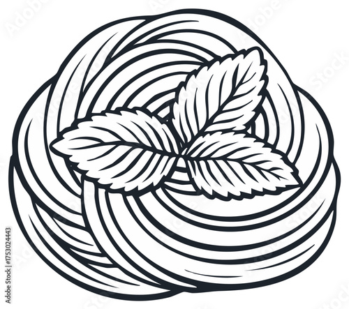 Monochrome line art of an Italian pasta nest with fresh basil leaves vector illustration