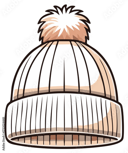 Knitted winter hat illustration with a fluffy pom pom, casual cold weather headwear, cartoon style drawing