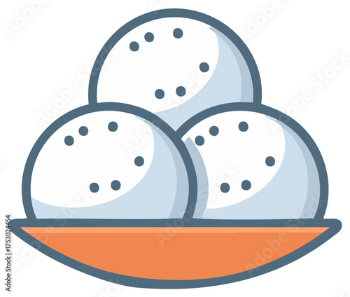 Illustration of three white snowballs with dark spots stacked on an orange plate