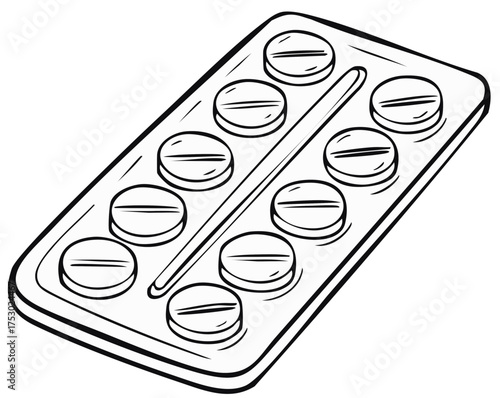 Cartoon style outline illustration of a full medication blister pack with round tablets for health