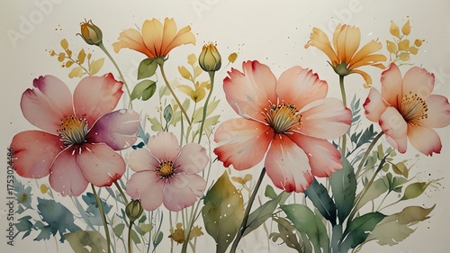 Soft watercolor floral background with delicate pink and orange flowers, blooming springtime nature, artistic illustration for design.