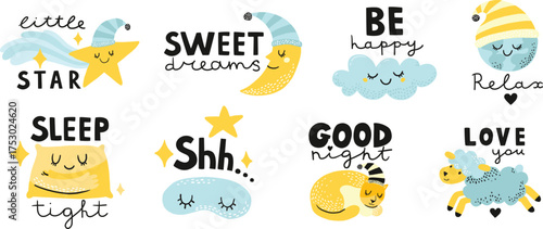 Cute sleepy characters stickers. Sleeping characters and text, sleep prints for bed time. Sweet dreams, good night, shh, relax, love you, sleep tight lettering set. 
