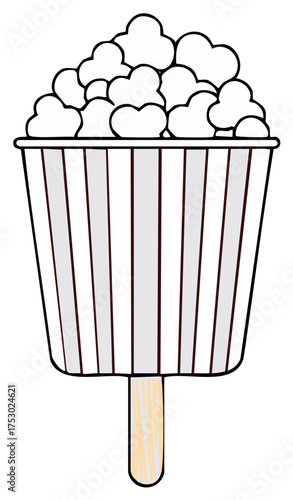 Popcorn pop in a striped container on a wooden stick cartoon illustration graphic