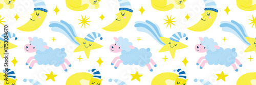 Good Night seamless pattern on white background with cute stars moon and sleeping sheep. Sweet dreams background. Vector illustration for print, textile, nursery, paper.