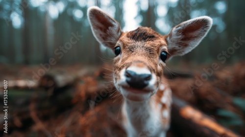 A young deer looks directly at the camera in a misty forest setting, capturing its innocence and curiosity amidst the serene and enchanting woodlands.