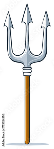Cartoon trident with three sharp tines and a wooden handle, isolated on white