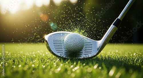 Golf club striking ball on green grass golf ball hitting