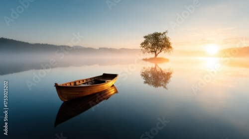 A serene early morning scene of a wooden boat floating on a still lake, accompanied by a lone tree under a hazy sunrise showcasing the beauty of nature's tranquility.