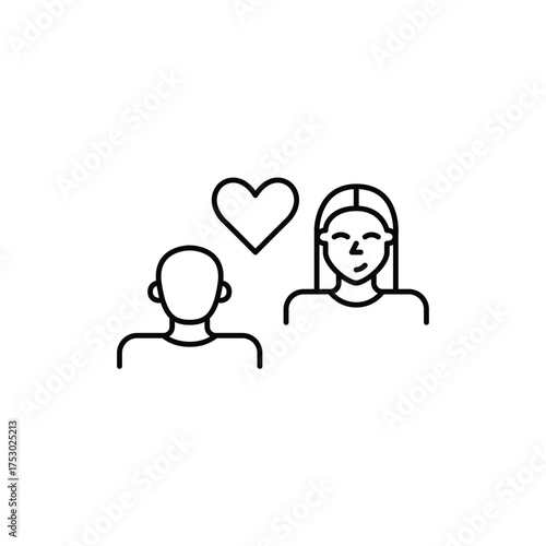 Man and woman in conversation and heart. Compassionate dialogue, supportive conversation. Date, psychotherapy or job interview. Pixel perfect, editable stroke vector icon