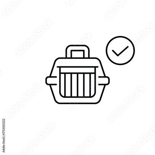 Pet carrier and checkmark, safe animal products, travel and health. Pixel perfect editable stroke vector icon