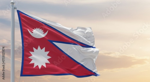 Waving flag of nepal against a bright sky. National symbol.