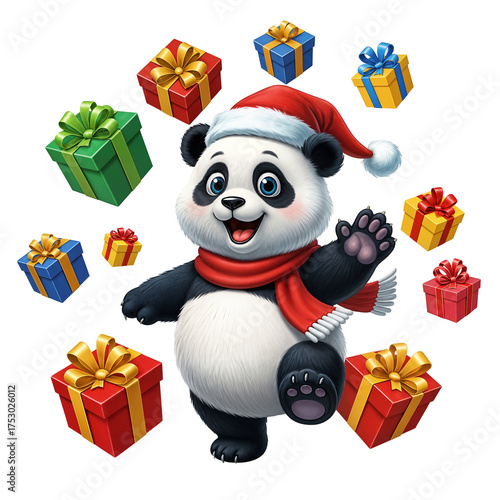  Panda with Santa Hat Surrounded by Presents