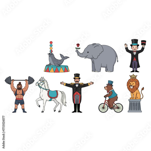 Colorful illustration of circus animals and performers, showcasing entertainment and spectacle.