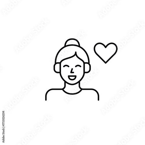Woman in headphones and heart. Passion for music and podcasts, trusted sound, songs library. Pixel perfect, editable stroke vector icon