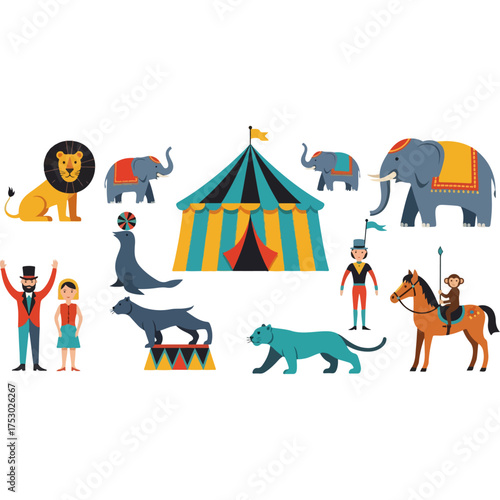 Colorful illustration of a circus scene with various animals, performers, and a big top tent.
