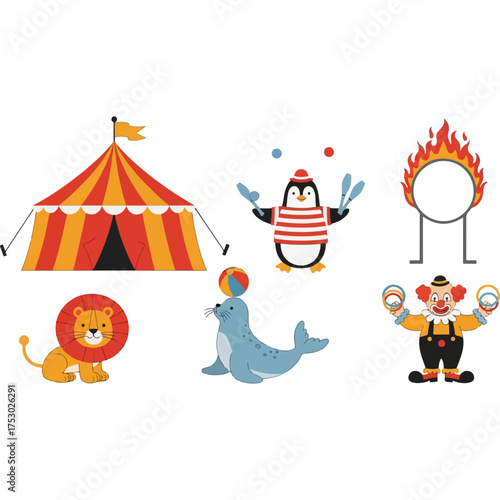 Colorful circus scene featuring a tent, animals, and performers, creating a festive atmosphere.