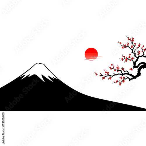Japanese landscape art featuring Mount Fuji, a red sun, and a blossoming tree branch.