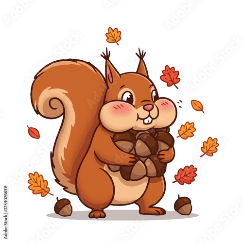 A funny squirrel with puffed cheeks comically struggles to carry an oversized pile of autumn nuts amidst falling orange and red leaves, in a vibrant 2D flat vector illustration.