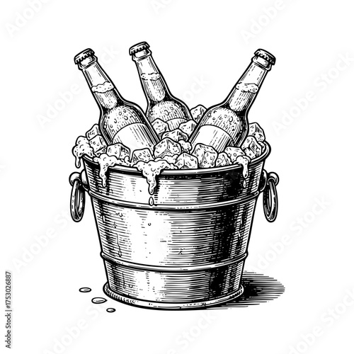eer Bottles in Ice Metal Bucket Engraving Vector Illustration