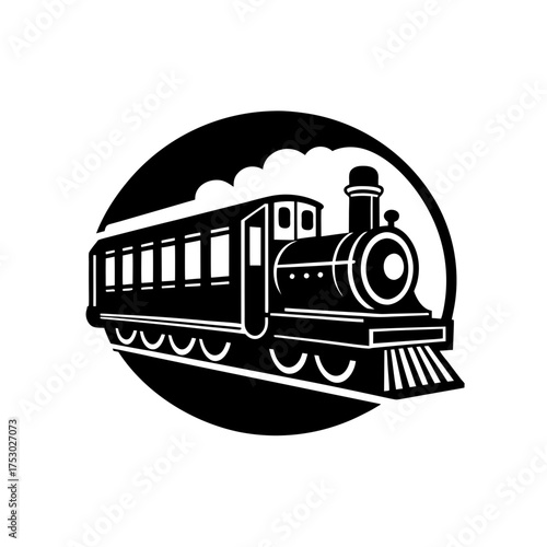 Vintage train with smoke in circle on transparent background silhouette