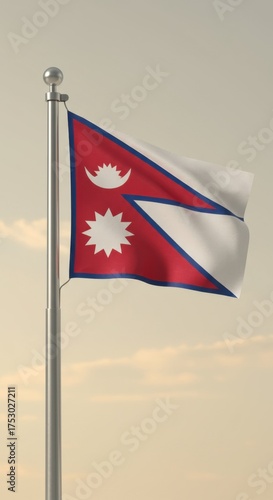Waving flag of nepal against a sky with soft clouds. Patriotism.