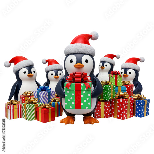 Christmas Penguins with Santa Hats and Wrapped Gifts