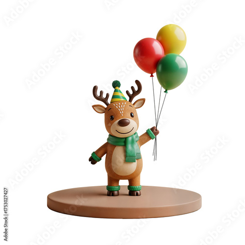 Cute Cartoon Reindeer with Balloons on Wooden Base, Festive Holiday Character Figurine, Party
